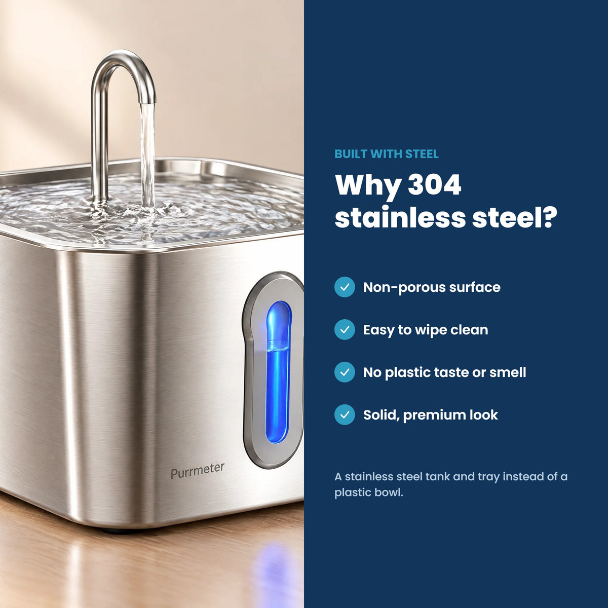 Close-up of Purrmeter 304 stainless steel tank