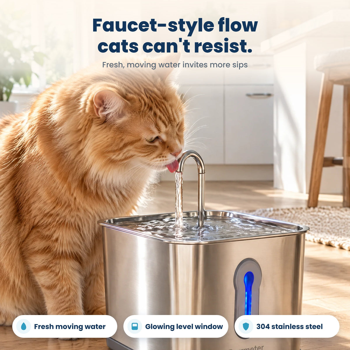 Orange cat drinking from Purrmeter faucet-style stainless steel fountain